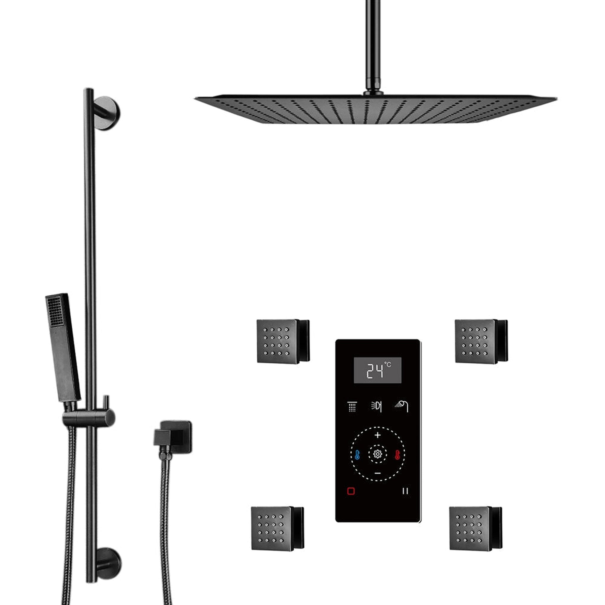 FontanaShowers, Fontana 10" Matte Black Ceiling Mounted Thermostatic Massage Shower Digital Touch Screen Shower Mixer Display 3-Function Rainfall Shower System With Hand Shower and 4-Jet Body Sprays