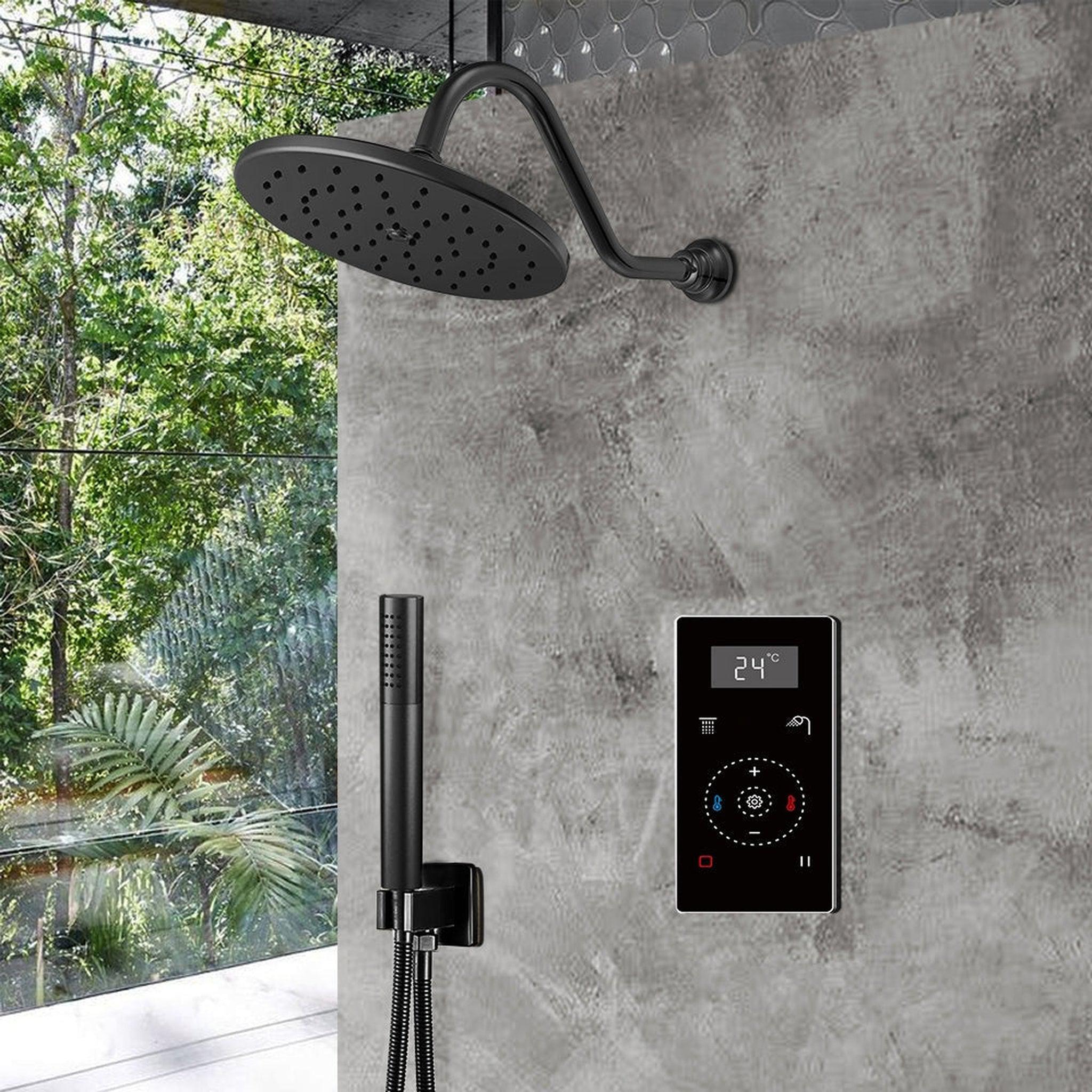 FontanaShowers, Fontana 10" Matte Black Round Wall-Mounted Automatic Thermostatic Shower With Black Digital Touch Screen Shower Mixer Display 2-Function Rainfall Shower Set With Hand Shower