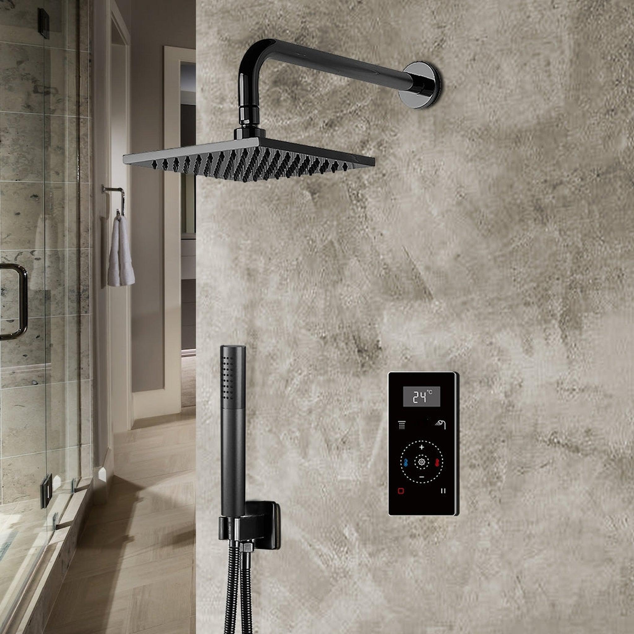 FontanaShowers, Fontana 10" Matte Black Square Wall-Mounted Automatic Thermostatic Shower With Black Digital Touch Screen Shower Mixer Display 2-Function Rainfall Shower Set With Hand Shower