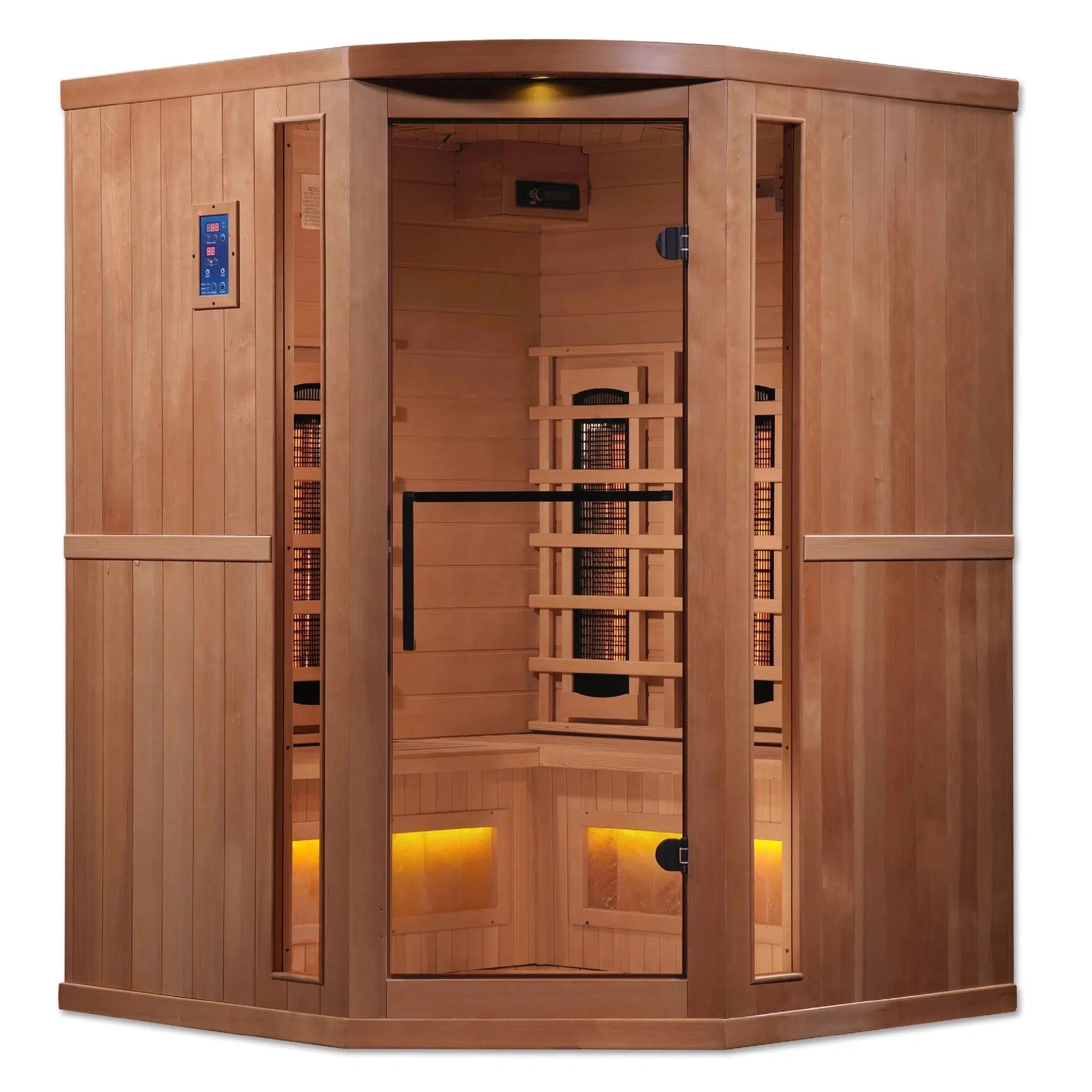 Golden Designs, Golden Designs 3-Person Corner Full Spectrum PureTech Near Zero EMF FAR Infrared Carbon Sauna With 2 Himalayan Salt Bar in Canadian Hemlock