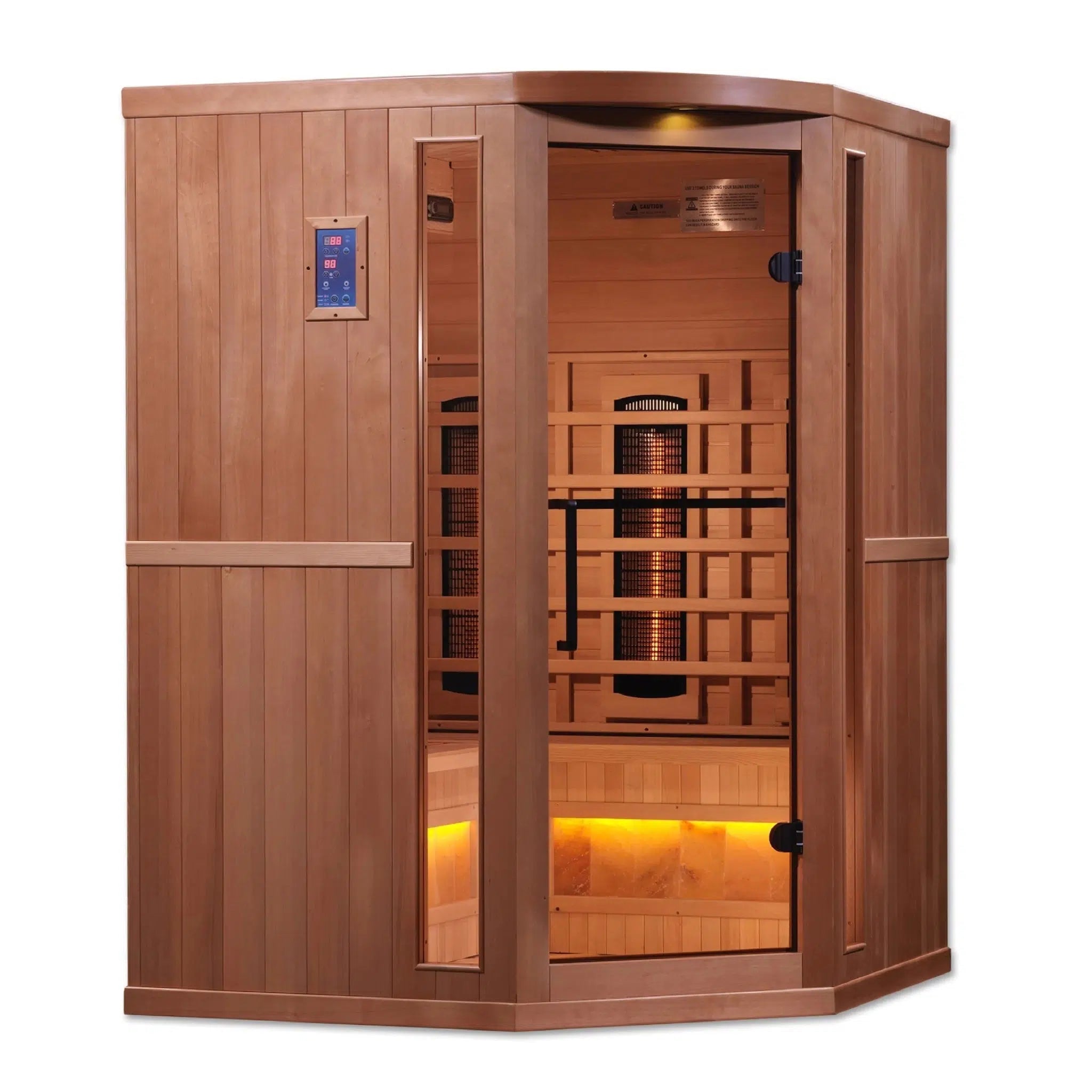 Golden Designs, Golden Designs 3-Person Corner Full Spectrum PureTech Near Zero EMF FAR Infrared Carbon Sauna With 2 Himalayan Salt Bar in Canadian Hemlock