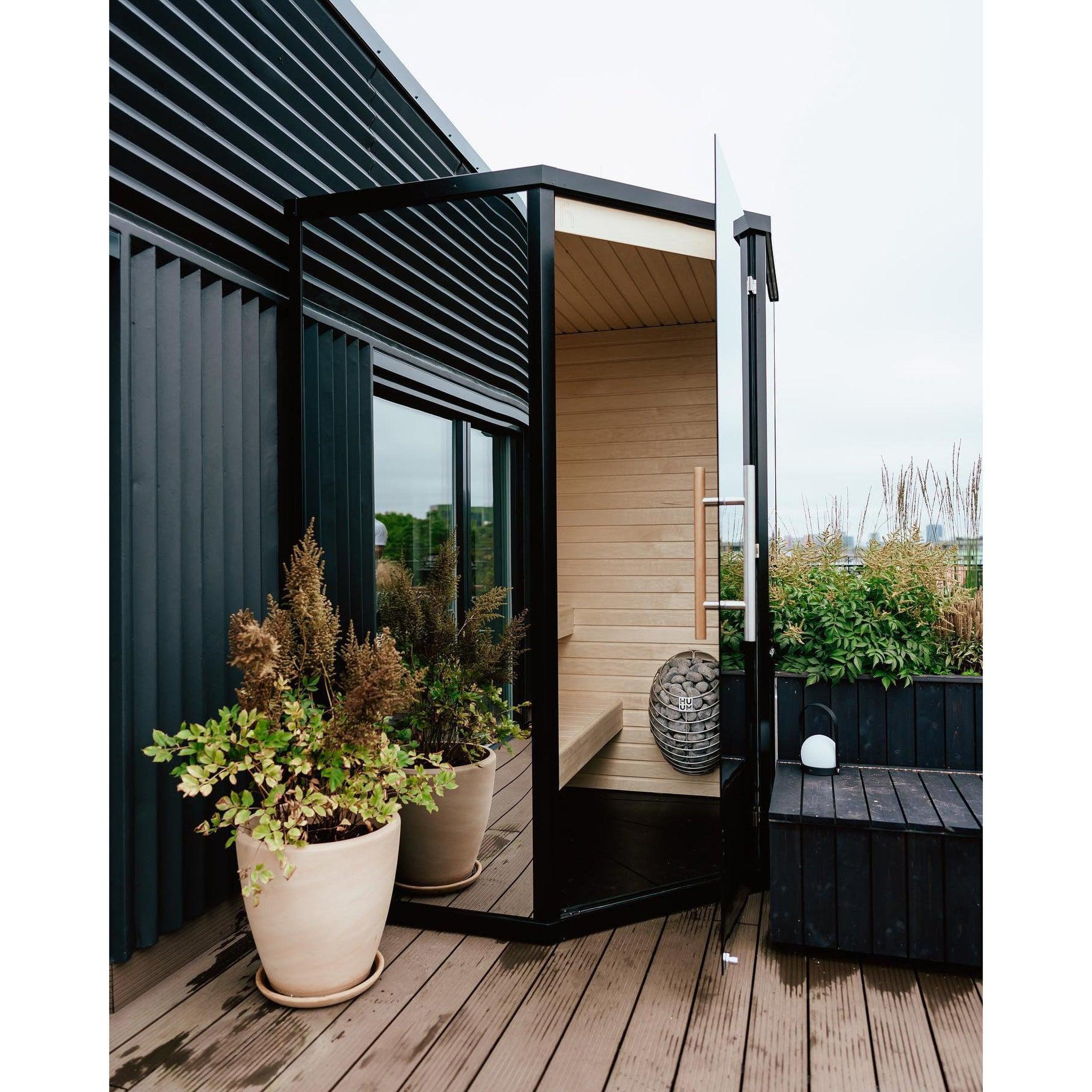 Haljas Houses, Haljas Houses Hele Glass Mini 3-Person Outdoor Sauna House With Standard Ceiling & Thermo-Alder Wood