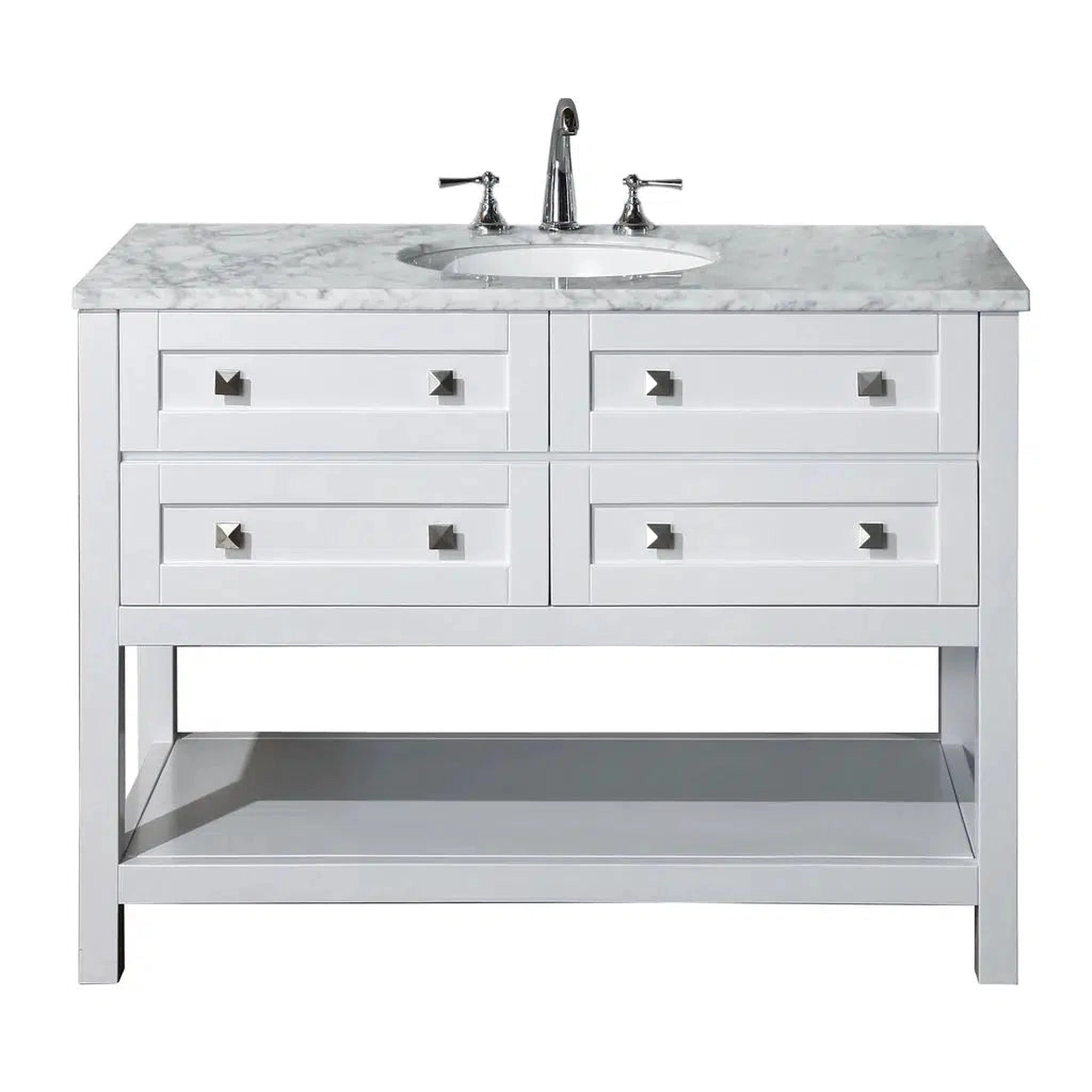 Stufurhome, Stufurhome Marla 48" White Freestanding Bathroom Vanity With Oval Single Sink, Carrara White Marble Top, 4 Functional Drawers and Widespread Faucet Holes