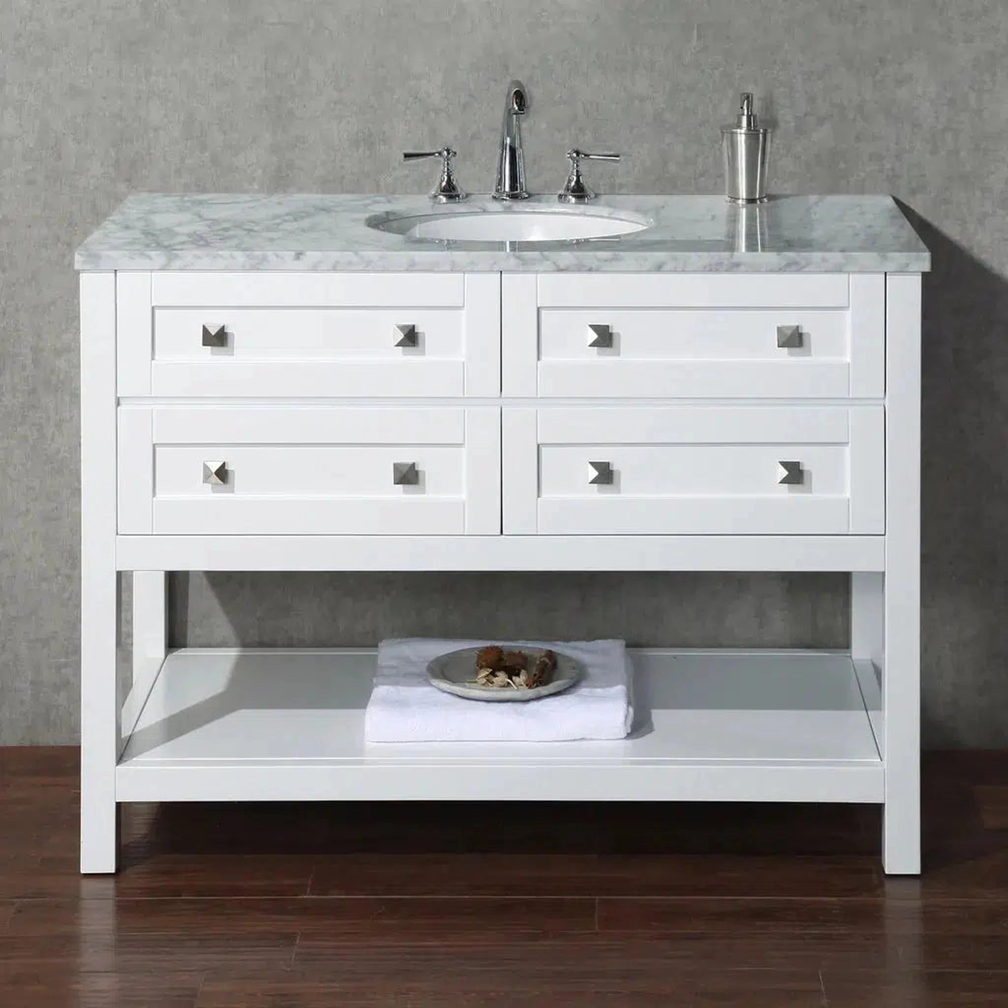 Stufurhome, Stufurhome Marla 48" White Freestanding Bathroom Vanity With Oval Single Sink, Carrara White Marble Top, 4 Functional Drawers and Widespread Faucet Holes