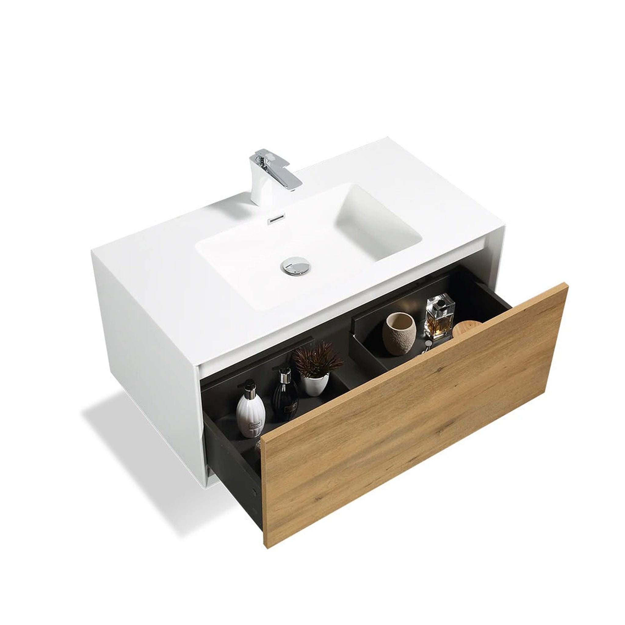 TONA, TONA Furla 36" White Oak Grain & Matte White Wall-Mounted Bathroom Vanity With Faux Marble Single Integrated Top & Sink