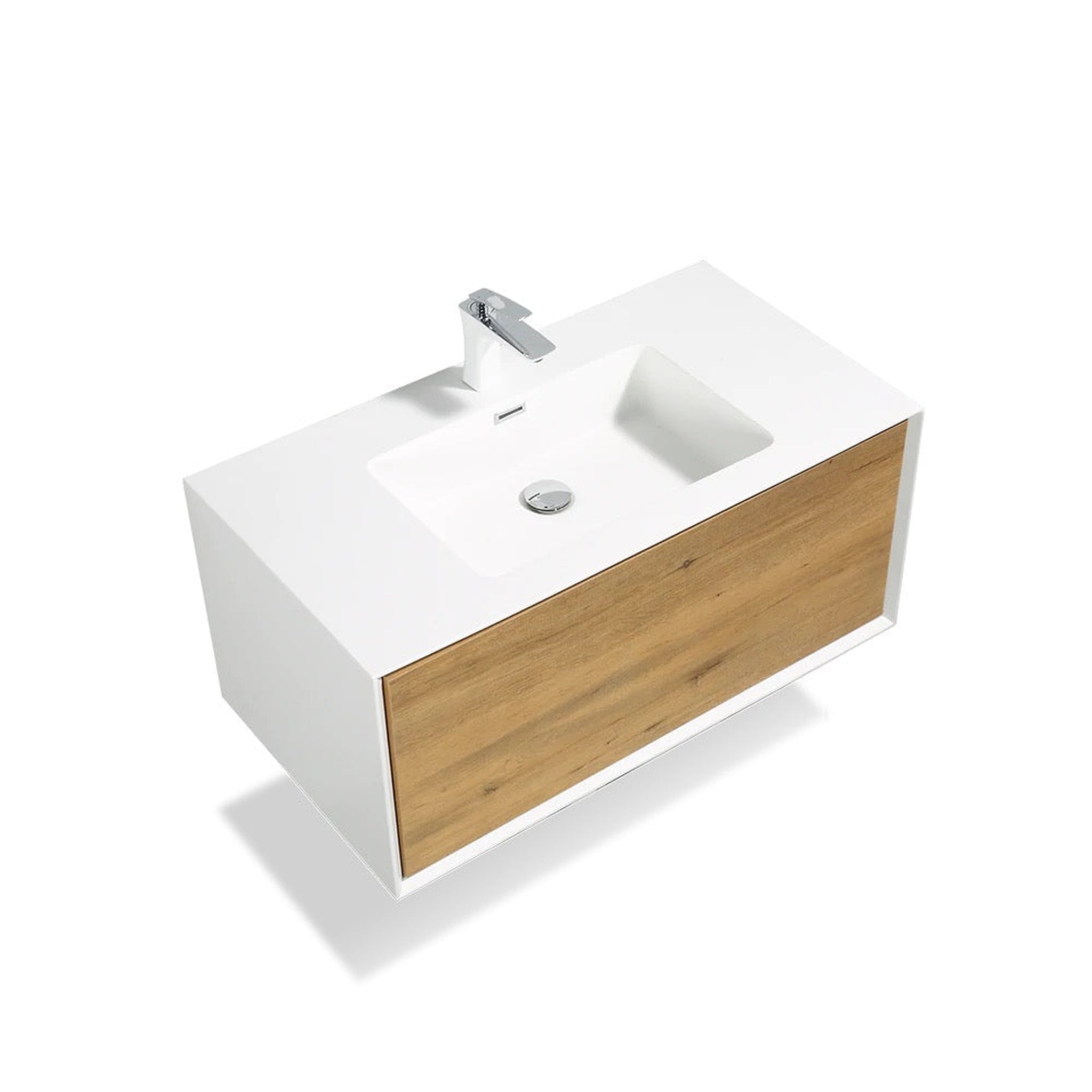 TONA, TONA Furla 36" White Oak Grain & Matte White Wall-Mounted Bathroom Vanity With Faux Marble Single Integrated Top & Sink