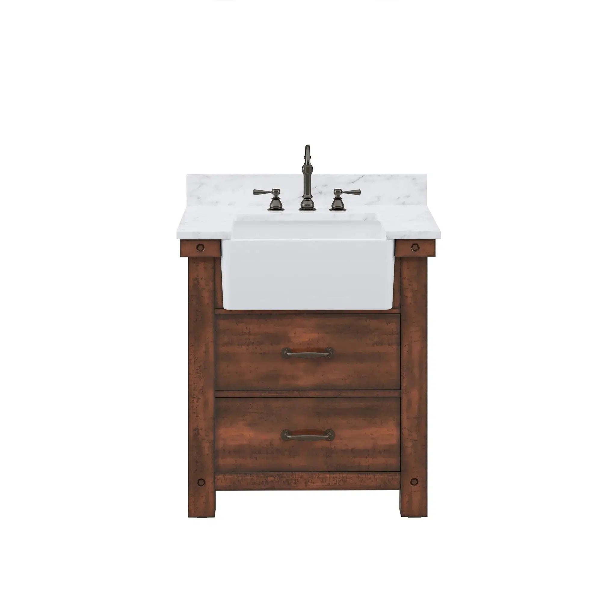 Water Creation, Water Creation Paisley 30" Single Sink Carrara White Marble Countertop Vanity in Rustic Sienna